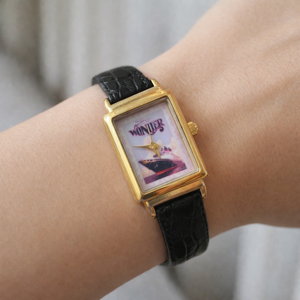 Rare Disney Cruise Line Wonder Rectangular Watch with Black Leather Strap